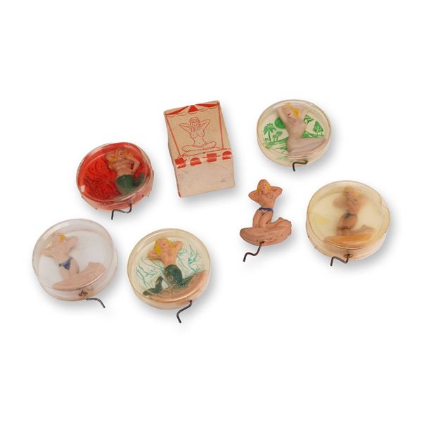 7pc Mid-Century Gay Style Novelty Mechanical Wiggle Figures with Original Box