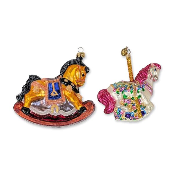Two Christopher Radko Blown Glass Rocking and Carousel Horse Ornaments
