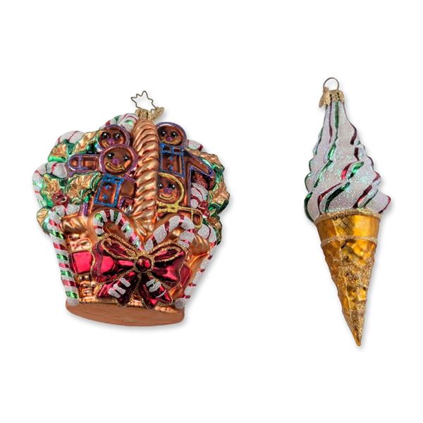 Two Christopher Radko Glass Sweets Christmas Ornaments