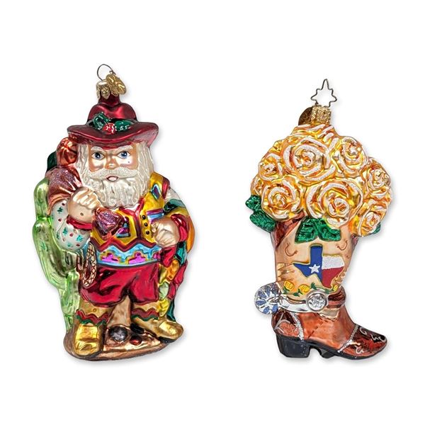 Two Christopher Radko Western Motif Glass Ornaments