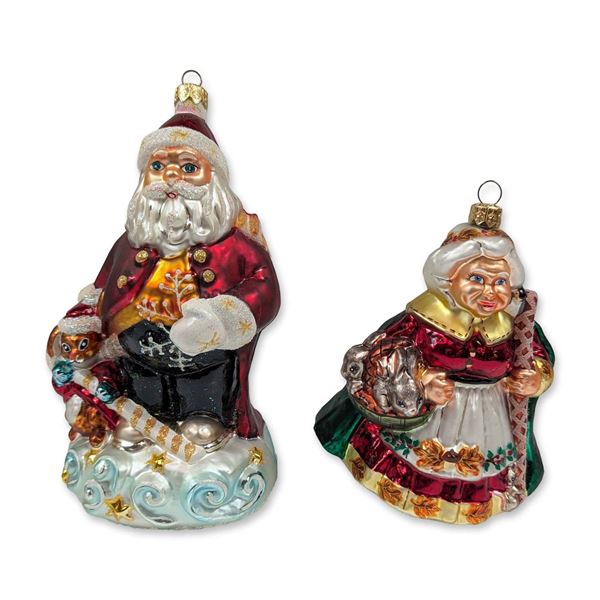 2pc Christopher Radko Blown Glass Santa and Mrs. Claus Ornaments