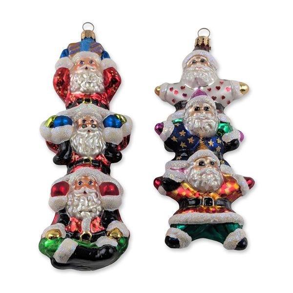 2pc Christopher Radko Glass Stacked Santa Ornaments