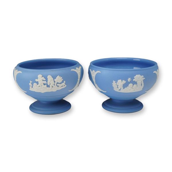 2pc Wedgwood Blue Dipped Jasperware Footed Mini Bowls