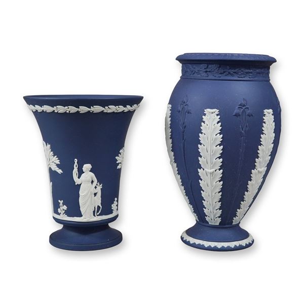 Two Wedgwood Cobalt Blue Jasperware Vases