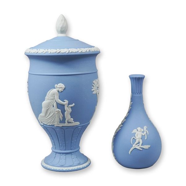 Two-Piece Wedgwood Pale Blue Jasperware Lidded Pedestal Urn and Bud Vase