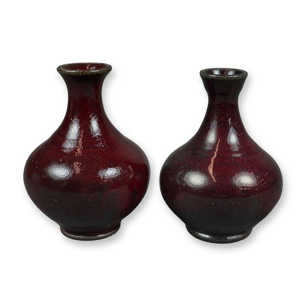 2pc Jugtown Ware Oxblood Flambe Glazed Miniature Vases by Vernon Owens