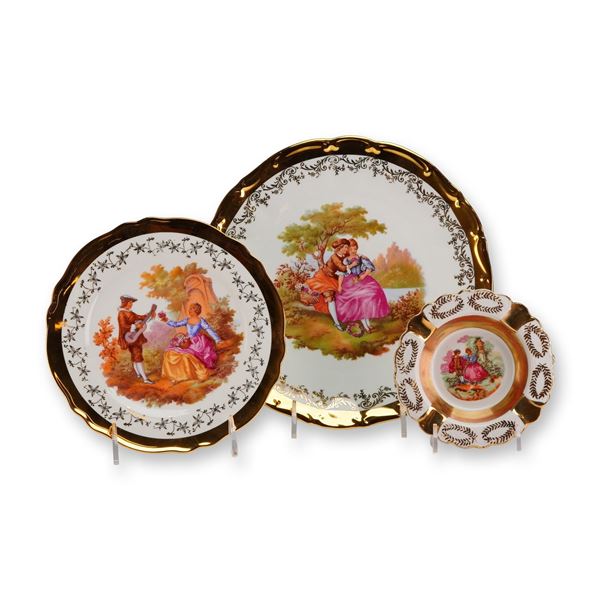 3pc German Porcelain Plates and Ashtray, Fragonard Courting Scene