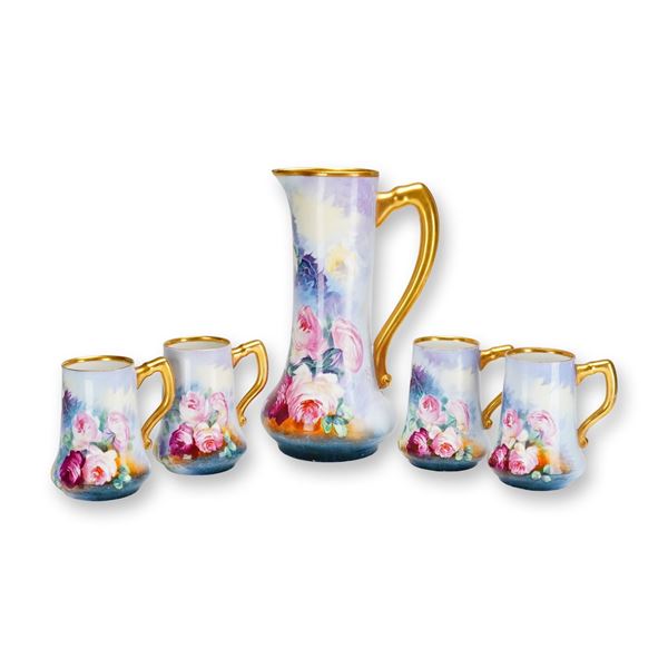5pc B&H Limoges France Hand Painted Floral Pitcher and Cup Set