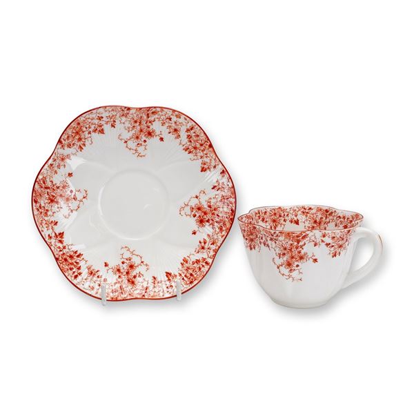Shelley Cup and Saucer in Dainty Shape with Maroon Floral Pattern