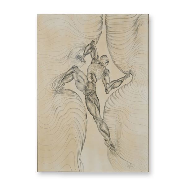 Jan Borst Original Graphite Drawing on Canvas, Surrealist Ecorche Figure
