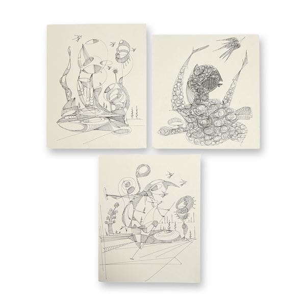 3pc Alfonso Rendon aka Masplata (Panamanian, 1957 - 2025), Pen sketch on Board, Forms