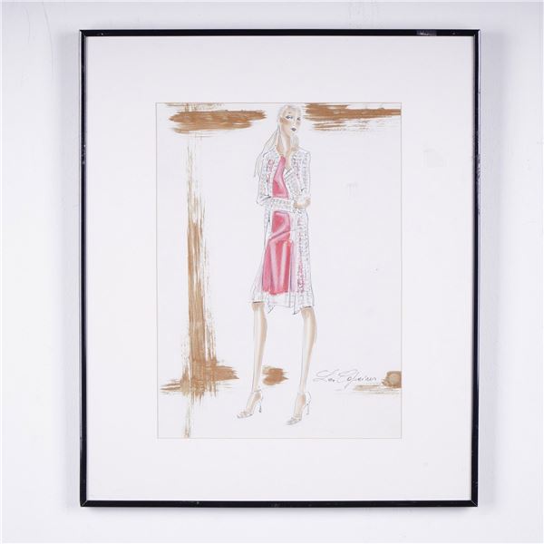 Les Copains Framed Fashion Illustration, Watercolor and Mixed Media, Signed