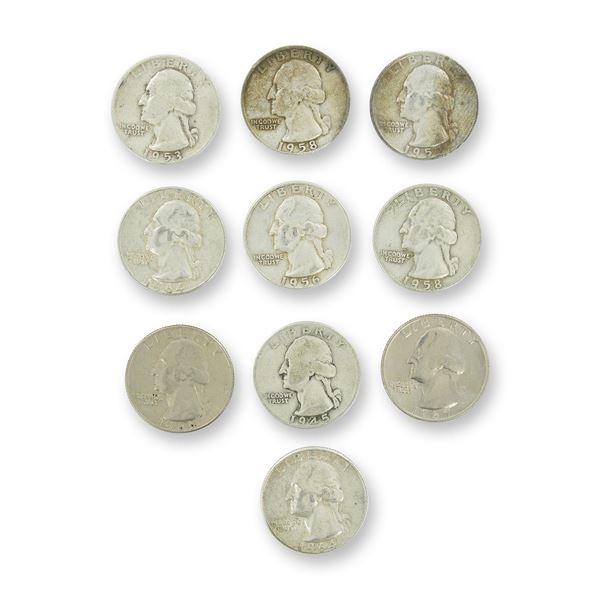 10pc Pre-1964 U.S. 90% Silver Washington Quarters