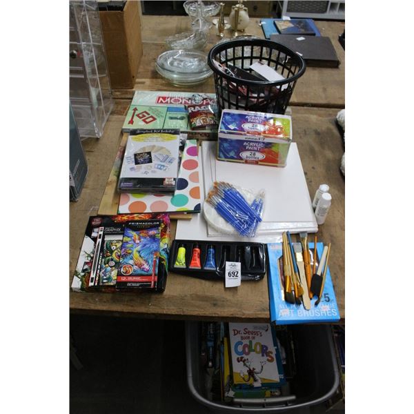 Monopoly, Asst. Craft Items, Paints, Basket w/Car Chargers
