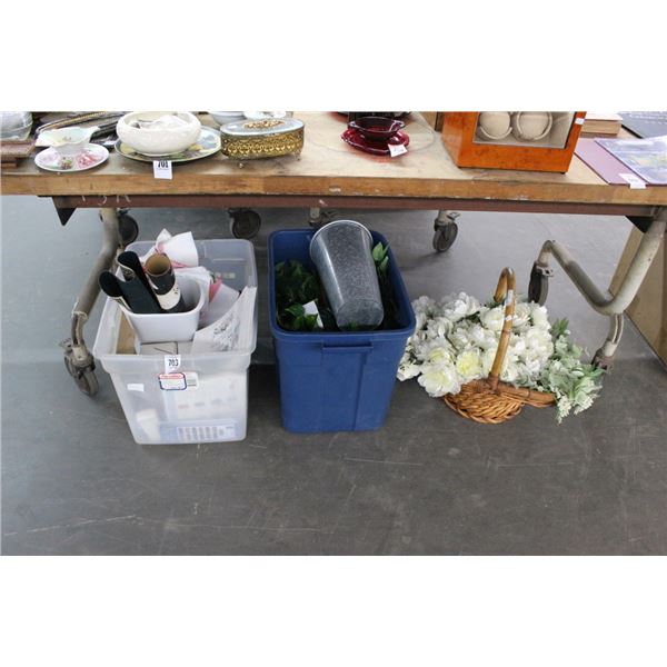 Bins/Basket w/Silk Florals, Wood Stain, Home Goods