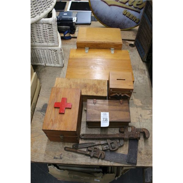 Wooden Storage Boxes, Vintage Pipe Wrenches