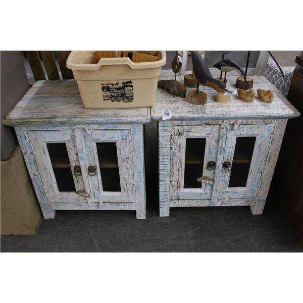 Distressed Glass Door End Tables - Pair