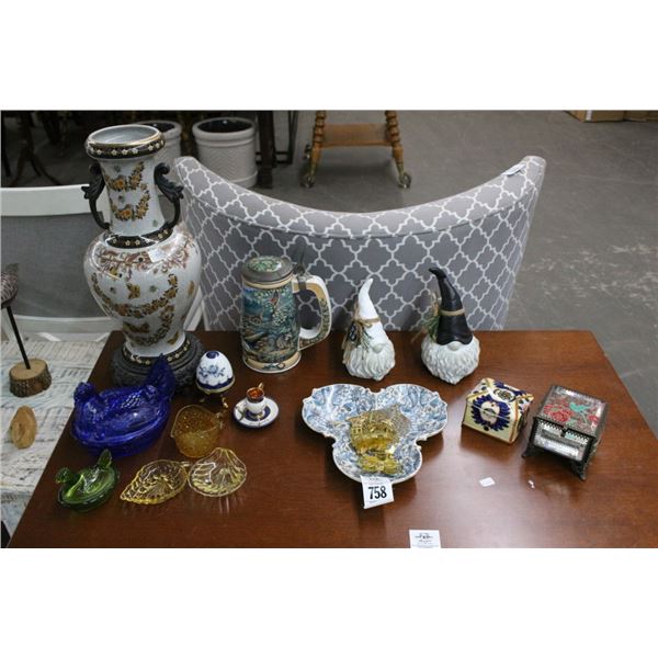 Stein, Gnomes, Pheasant Dishes, Ornate Vase, Décor
