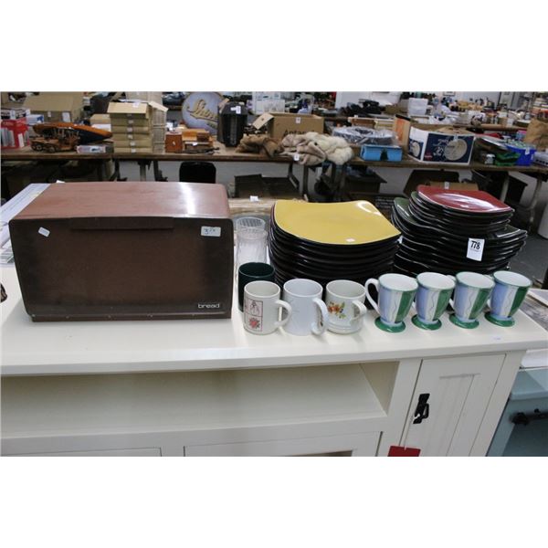 Corelle Dishes, Breadbox, Mugs