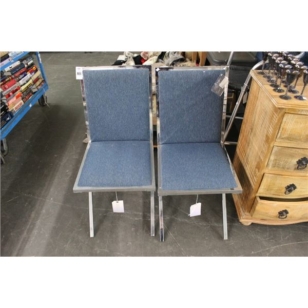 Chrome Base Blue Padded Chairs - Pair