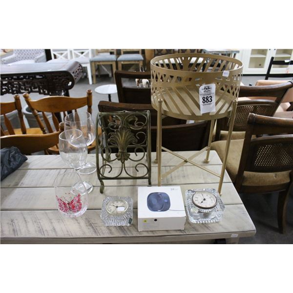 Desk Clocks, Muffin Fan, Metal Stands, Glassware