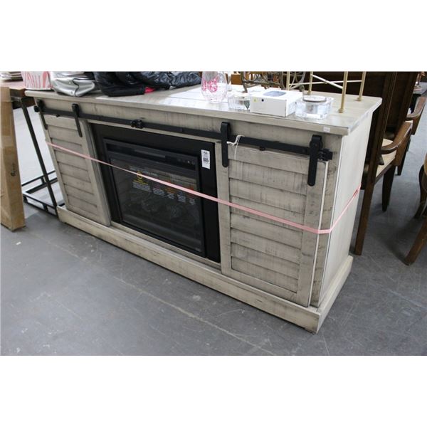 Beige Louvered Barn Door Fireplace Console Cabinet