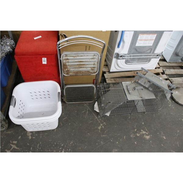 Red Padded Storage Ottomans, Step Stool, Plastic Baskets, Critter Traps