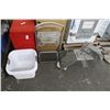 Image 1 : Red Padded Storage Ottomans, Step Stool, Plastic Baskets, Critter Traps
