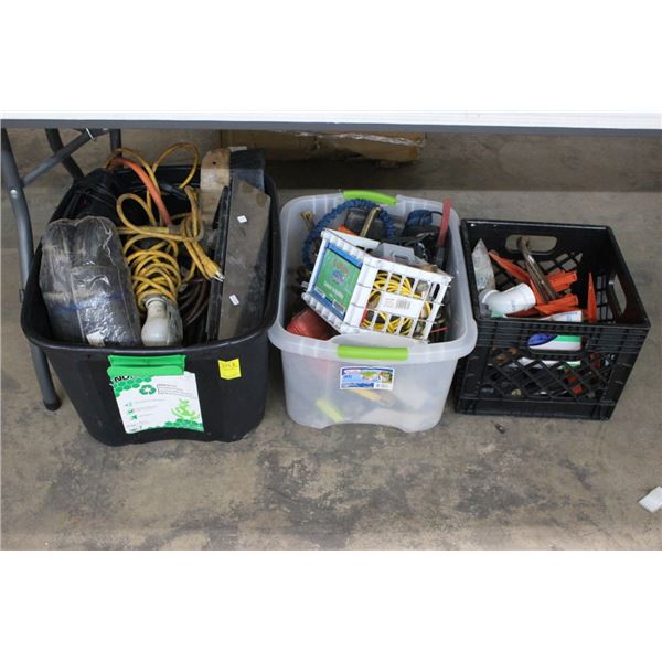 Bins W/ Extension Cords, Yard Stakes, Tools, And More