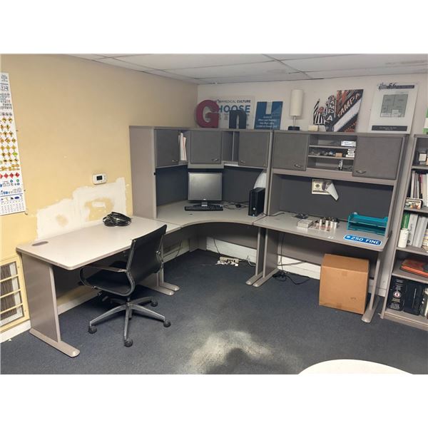 Grey 3 Section Desk w/Uppers/Bookcase, Supplies on Shelf