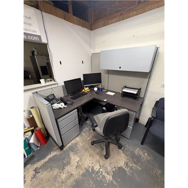 Grey Cubicle Work Station w/6 Drawers, Computer Peripherals, 2 Chairs, File Cabinet