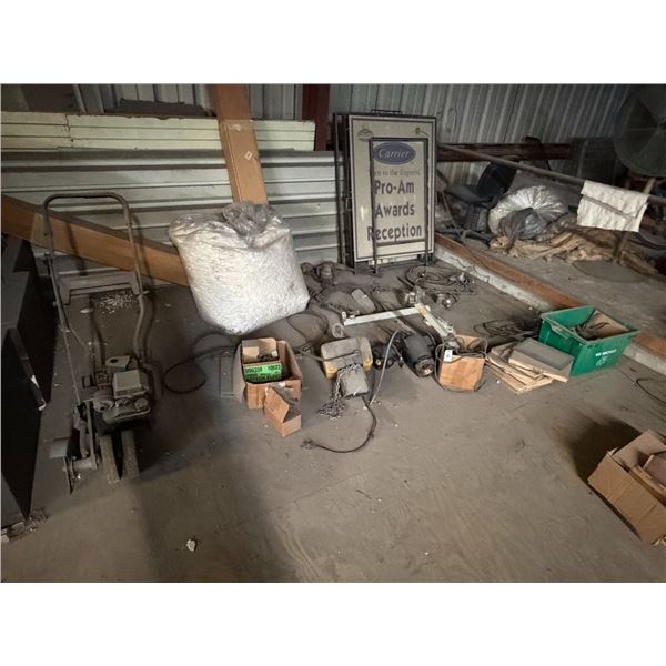 Gas Edger, Chain Hoist, Torch Set w/Gauge, Chain Come A Long, Supplies In Corner