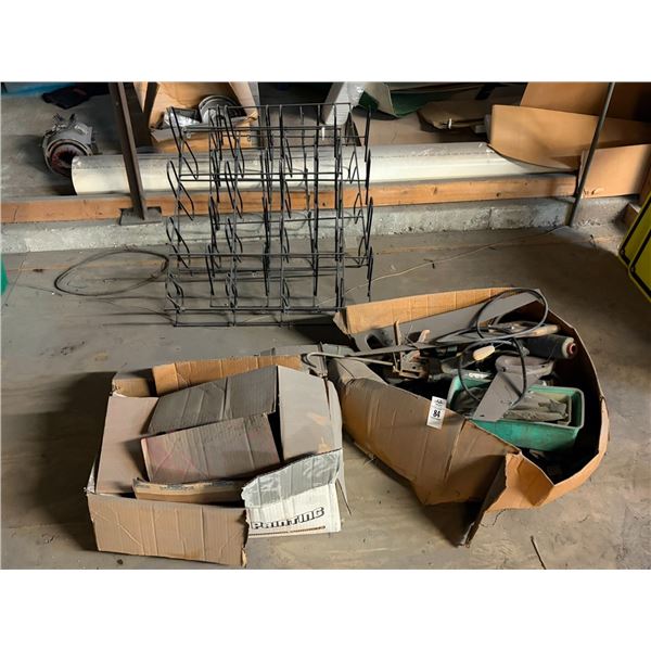 Boxes w/Hand Saws, Chaulk Gun, Tools, Supplies, Merchandising Racks