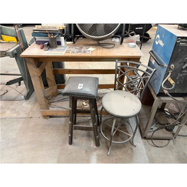 Wooden Workbench, Carved Snake, 2 Stools