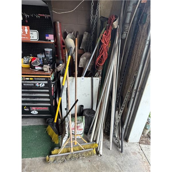 Bin w/Asst. Yard Tools, Post Hole Digger, Conduit, PVC Pipes, Brooms, Dent Puller