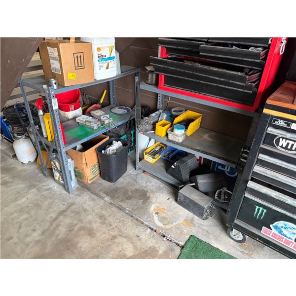 Metal 2 Shelf Storage Racks 2, Concrete Anchors, Tire Chucks, Sprayers, Buckets, Supplies