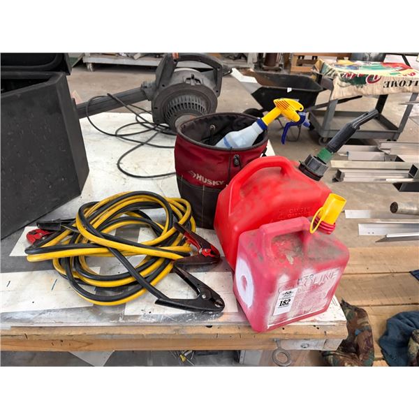 Jumper Cables, Gas Cans, Husky Tool Bag w/Some Supplies