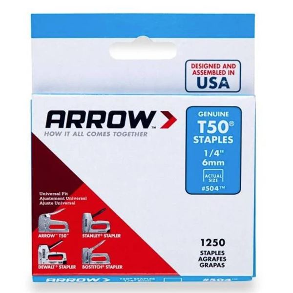 Arrow T50 1/4" Staples, 6 Boxes, x 1250ct