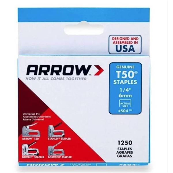Arrow T50 1/4" Staples, 6 Boxes, x 1250ct