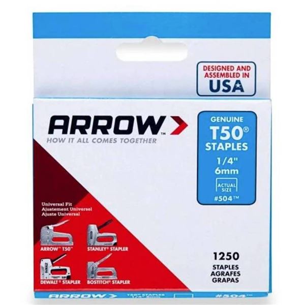 6 Arrow T50 1/4" Staples, 1250 Ct