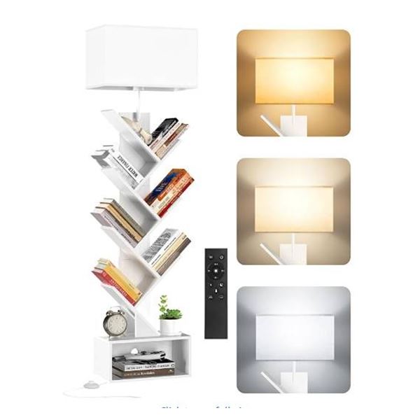 ZEXVIDA Bookcase with Lamp, Gold/White