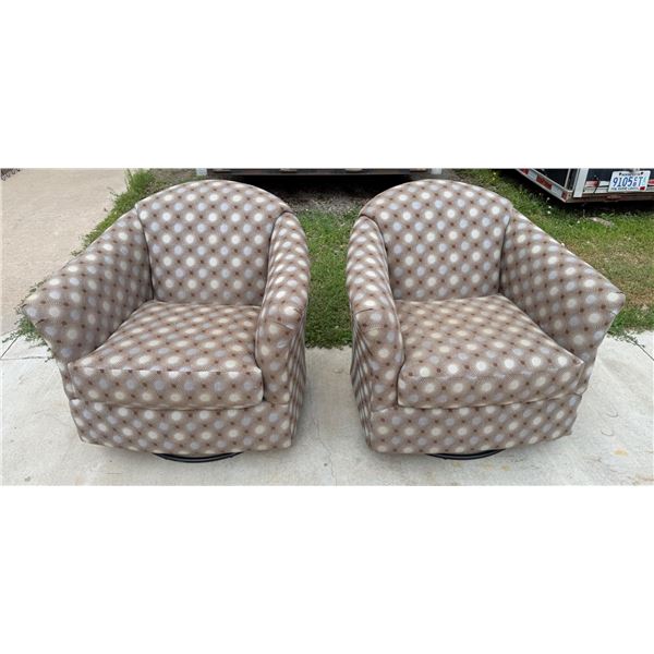 VINTAGE RETRO-PATTERNED BARREL-BACK SWIVEL CLUB CHAIRS, PAIR