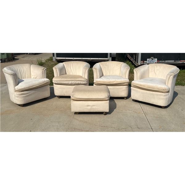 VINTAGE DREXEL HERITAGE SWIVEL BARREL CLUB CHAIRS AND MATCHING OTTOMAN, LOT OF FOUR CHAIRS AND ONE O