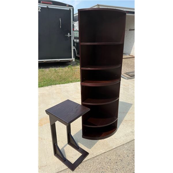 MULTI-TIER CURVED CORNER BOOKSHELF AND WOODEN C-SHAPED SIDE TABLE