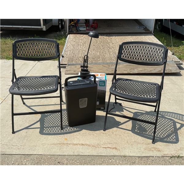 MITYLITE FLEXONE FOLDING CHAIRS, PAPER SHREDDER, DESK LAMP