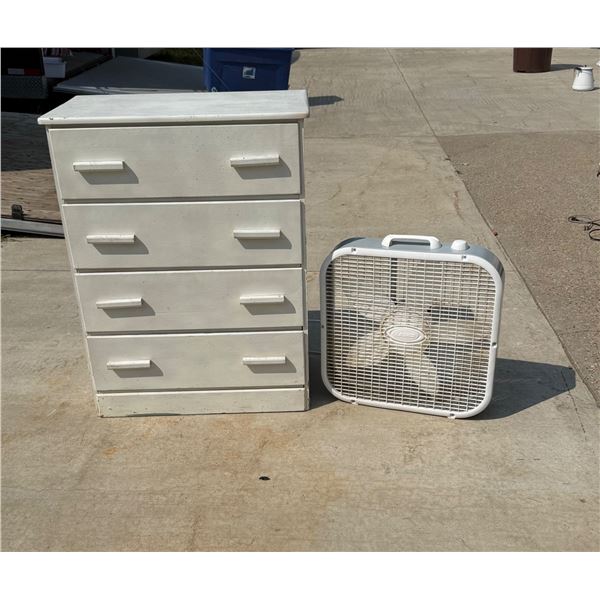 VINTAGE, WHITE-PAINTED WOODEN VERTICAL CHEST OF DRAWERS AND FAN