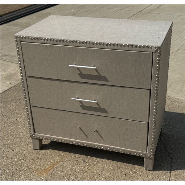 BEIGE LINEN UPHOLSTERED THREE-DRAWER ACCENT CHEST