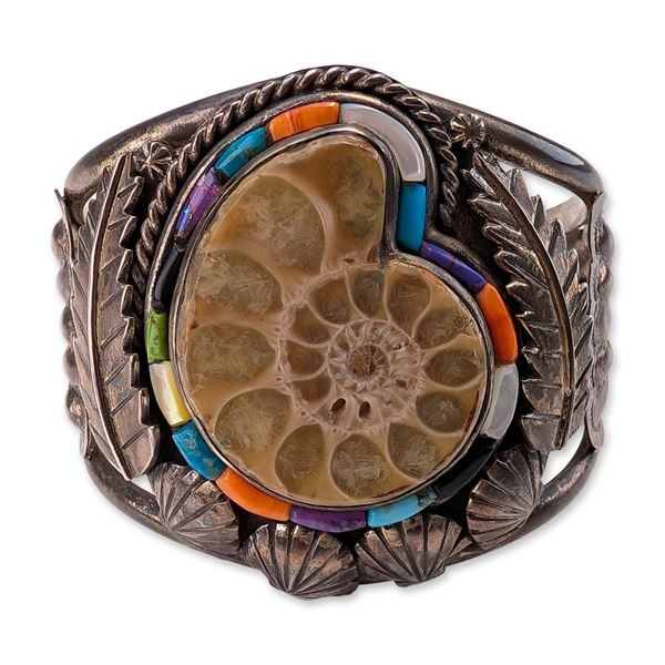 Freddy Maloney Navajo Sterling Silver Ammonite Cuff Bracelet