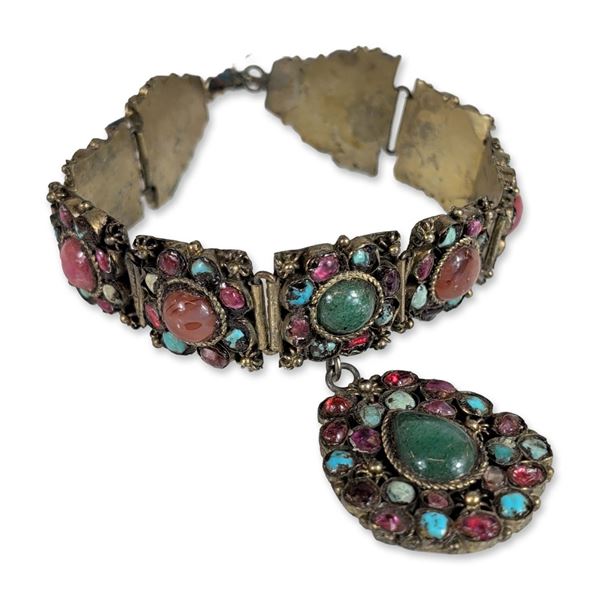 Himalayan Style Multi-Stone Gilt Metal Bracelet