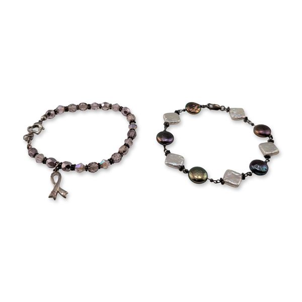 Two Sterling Silver Beaded Link Bracelets